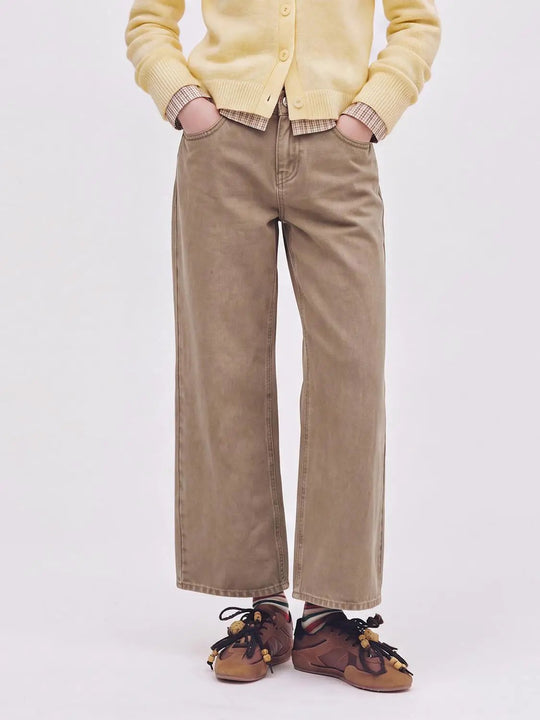 Cotton Solid Mid-rise Straight-leg Pants