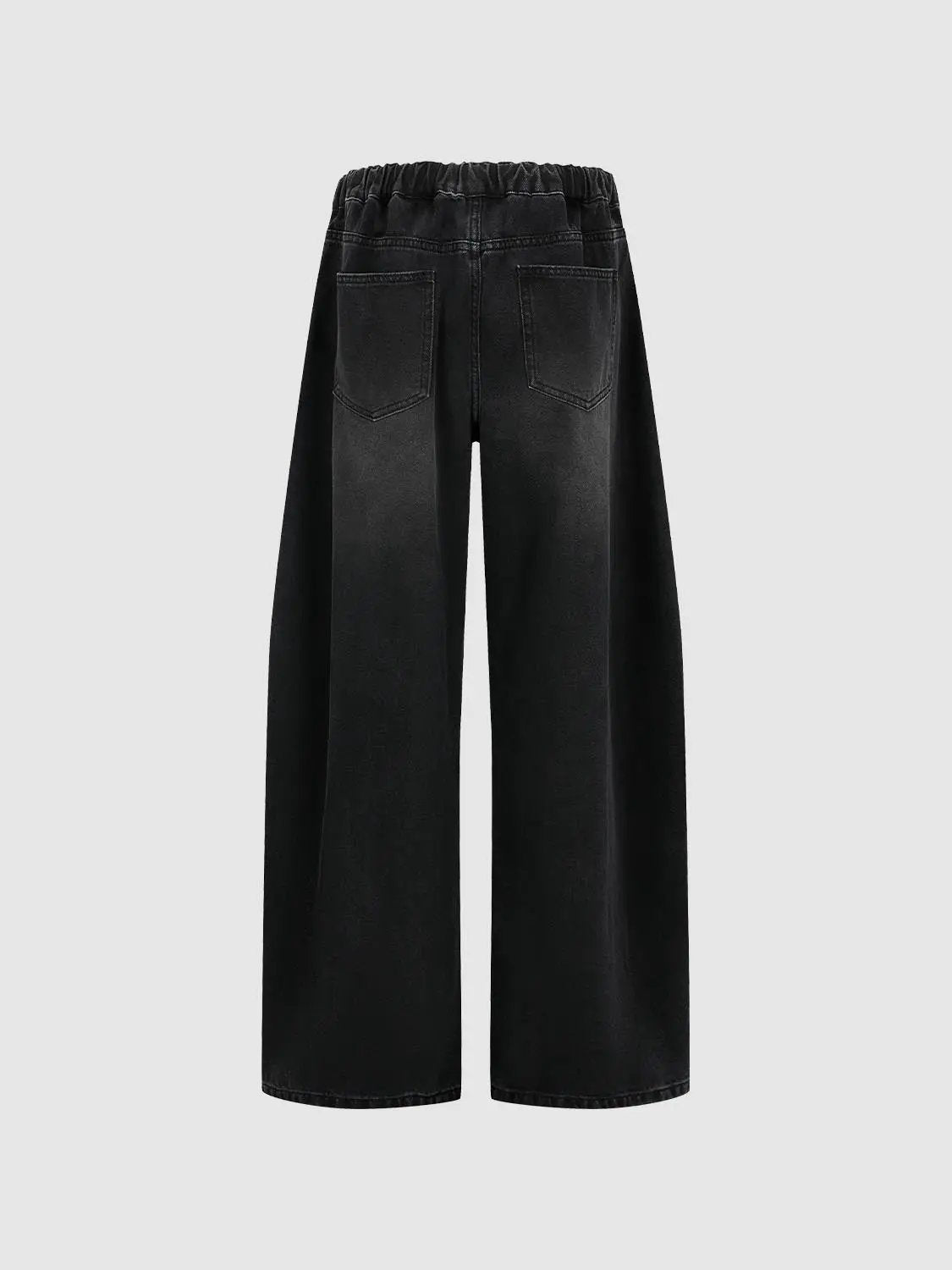 Jeans, black denim wide-leg with elastic waistband and back pockets.