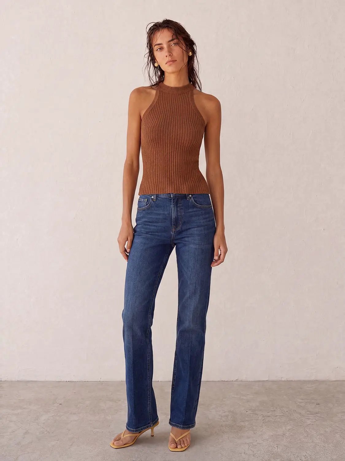 Knitted vest top, camel brown ribbed knit, sleeveless