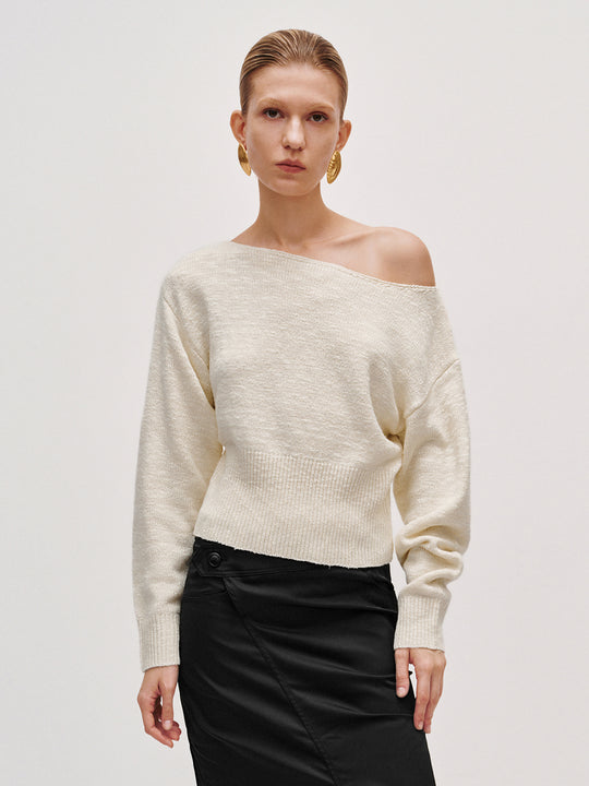 Schulterfreie Langarm Strick-T-Shirts