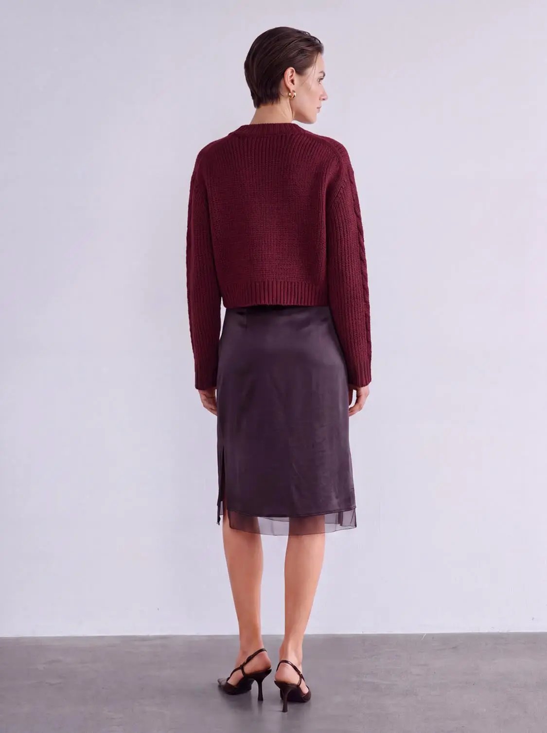 Button Up Cable Knitted Cardigans, burgundy cropped length with cable-knit texture