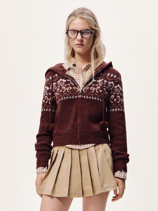 Hooded Intarsia Zip Up Knitted Cardigans