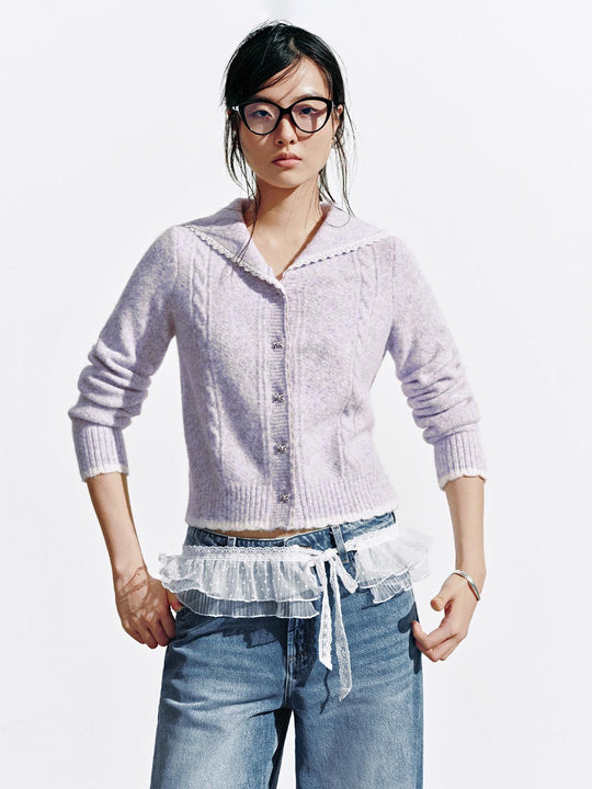 Collared Lace Trim Knitted Cardigans