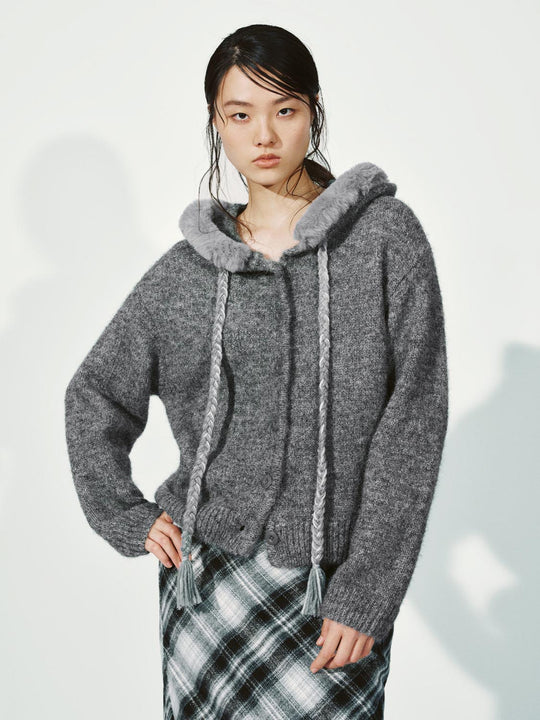 Hooded Fluffy Trim Knitted Cardigans