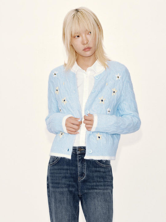 Contrast Trim Flower Embroidered Cardigan