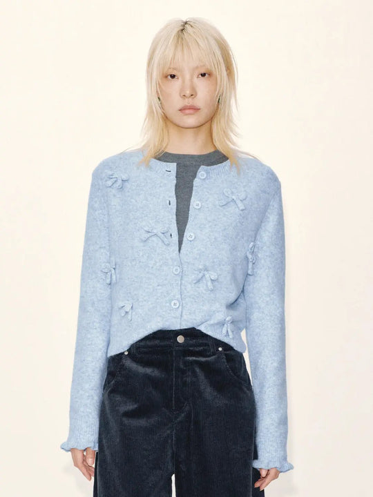 Bow Applique Crew Neck Knitted Cardigans
