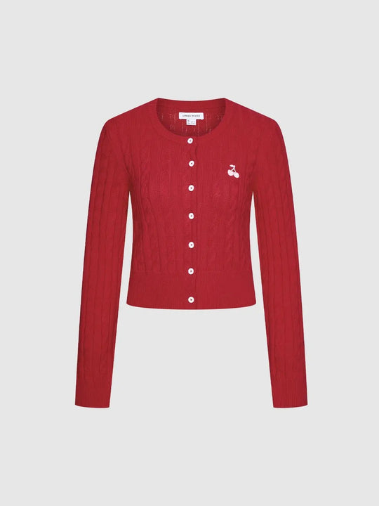 Crew Neck Embroidered Cable Knitted Cardigans