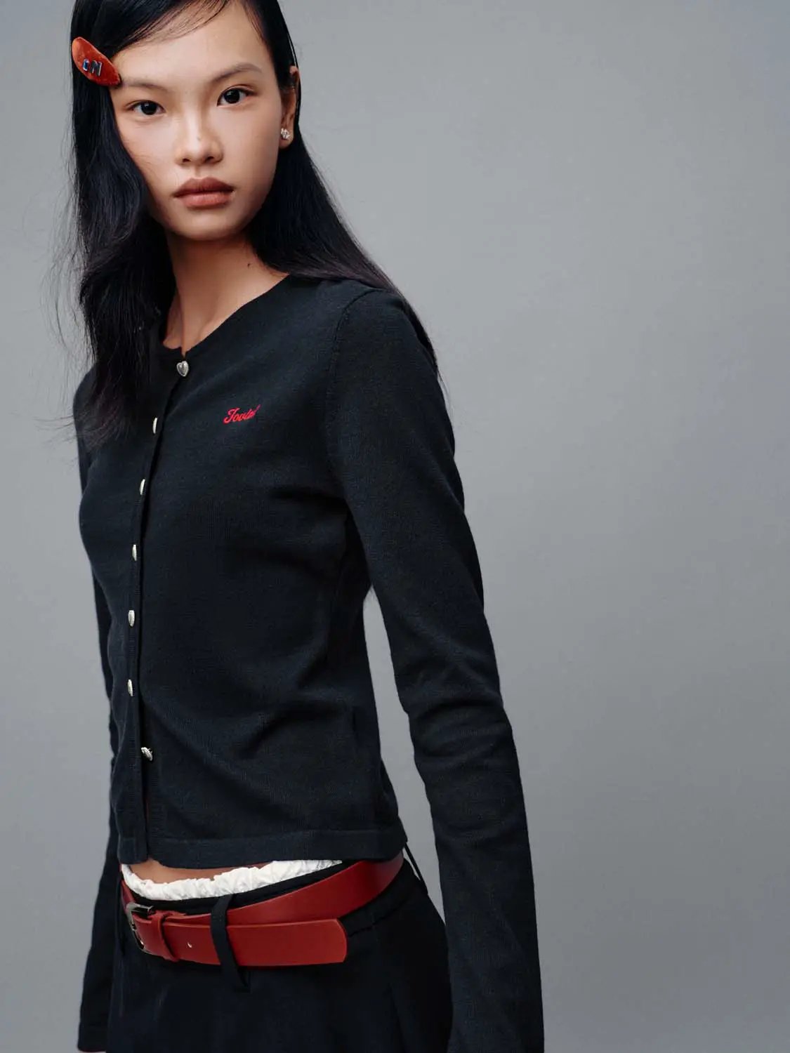 Crew neck knitted cardigan, black with red embroidered logo, Urban Revivo Fashion