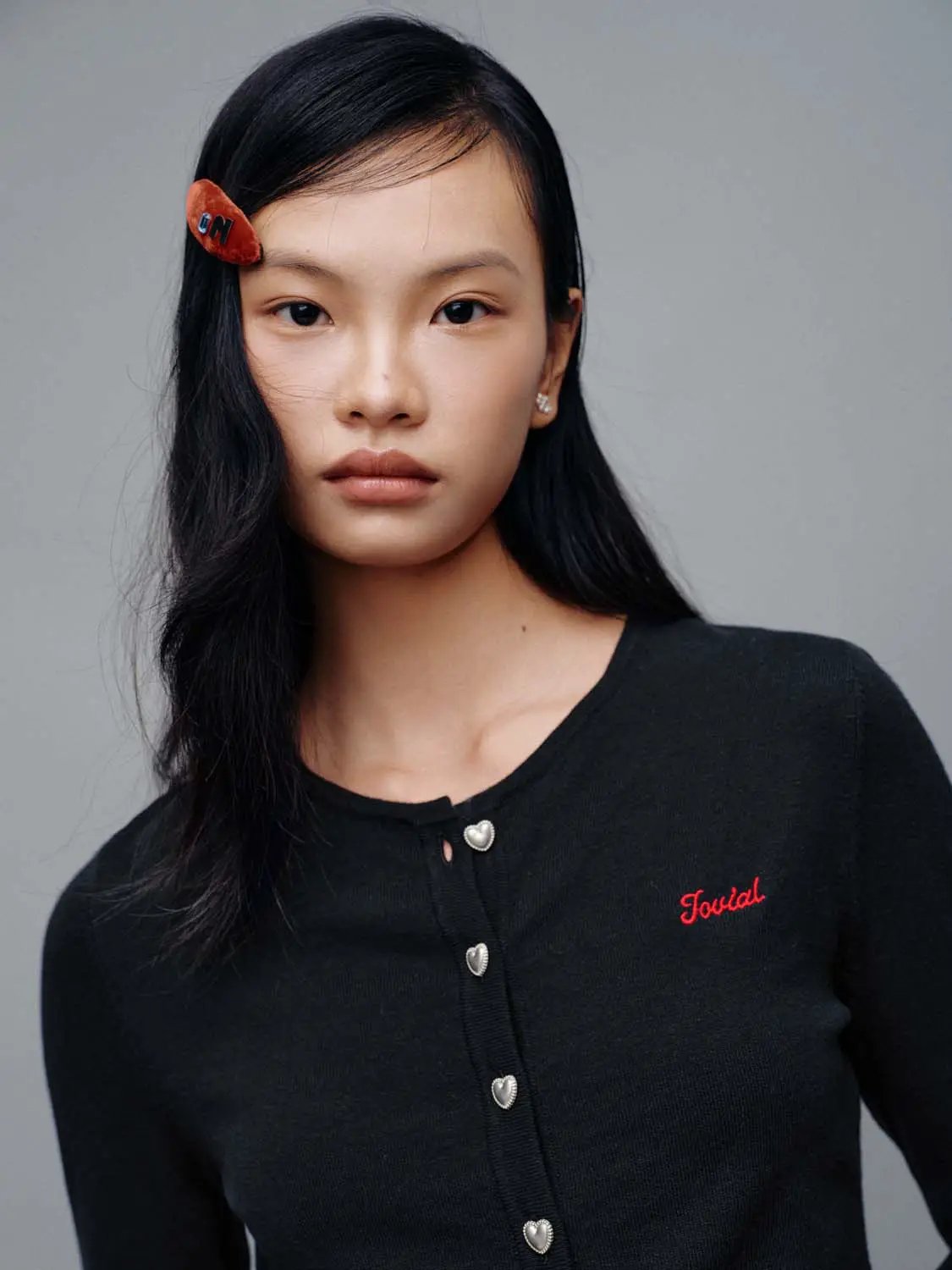 Crew Neck Embroidered Knitted Cardigans, black with heart-shaped buttons and red embroidery on chest