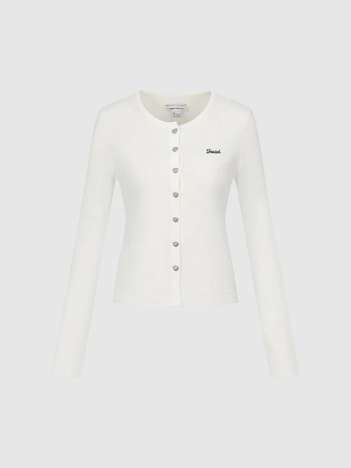 Crew neck knitted cardigan by Urban Revivo Fashion in white with embroidery and heart-shaped buttons