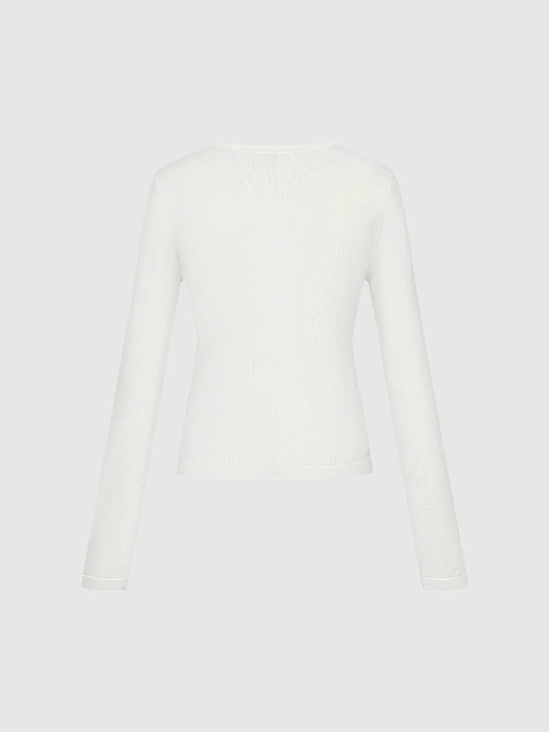 Crew neck knitted cardigan, white, long sleeves, back view