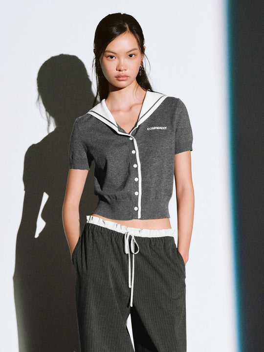 Sailor Collared Short Sleeve Knitted Cardigans