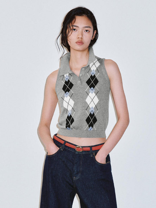 Polo Neck Sleeveless Check Detail Knitted T-Shirts