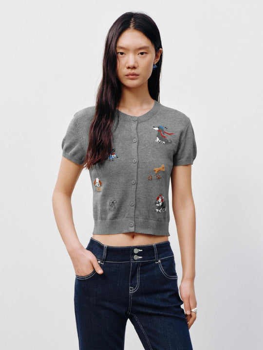 Crew Neck Short Sleeve Intarsia Knitted Cardigans