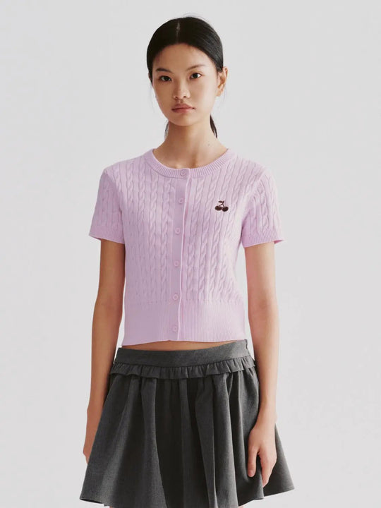 Lavender Cotton Cable Knit Short Sleeve Cardigan