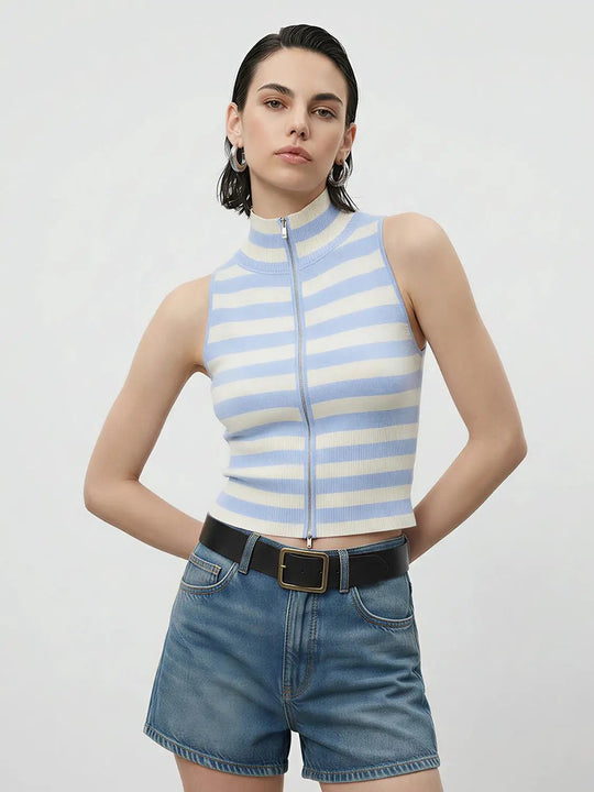Striped Knit Sleeveless Zip Up Lightweight T-Shirts