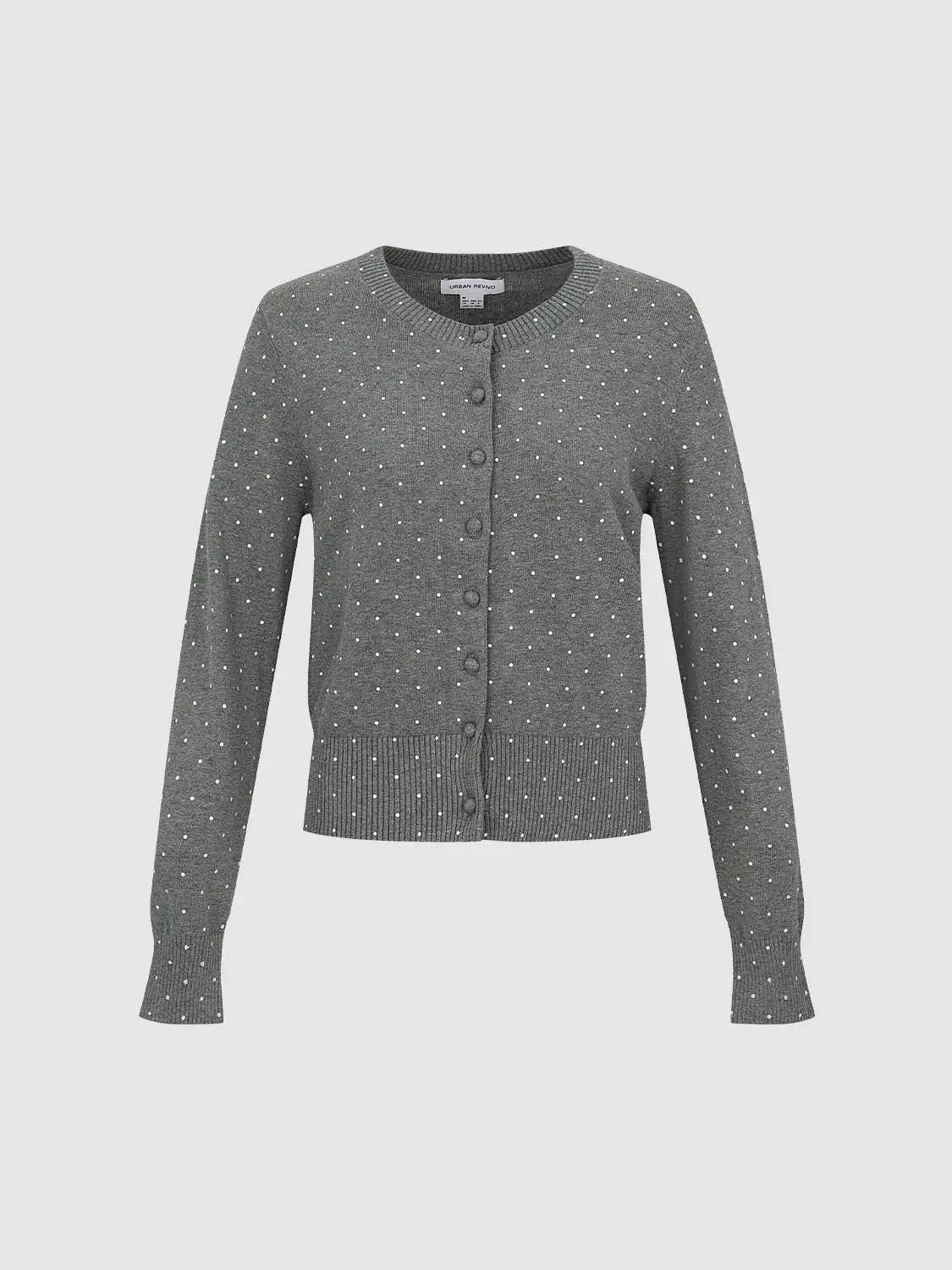 Knitted grey cardigan with white polka dots, button-front, ribbed cuffs and hem, crew neck, soft knit fabric.