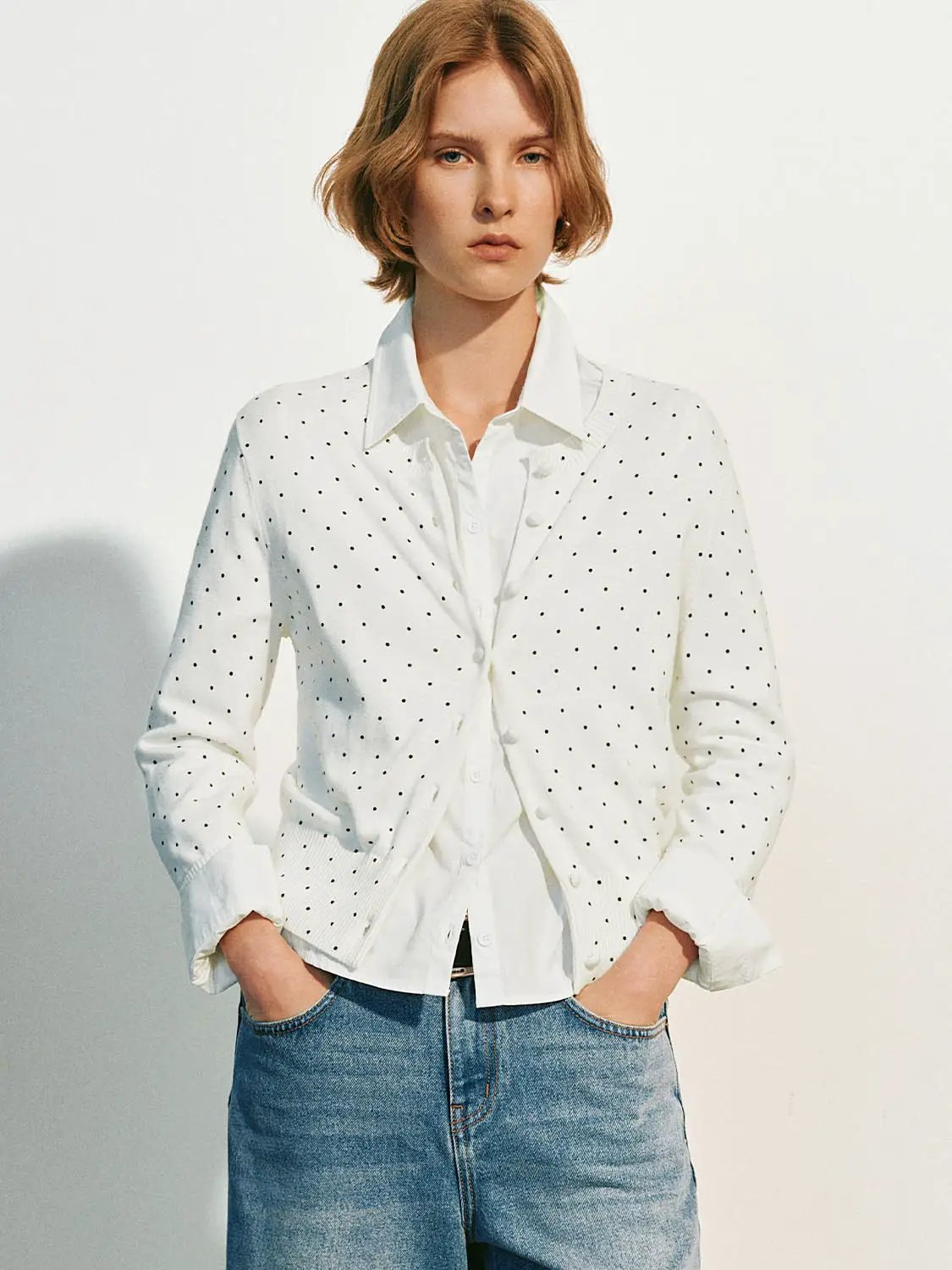 Knitted cardigan by Urban Revivo Fashion, white with black polka dots