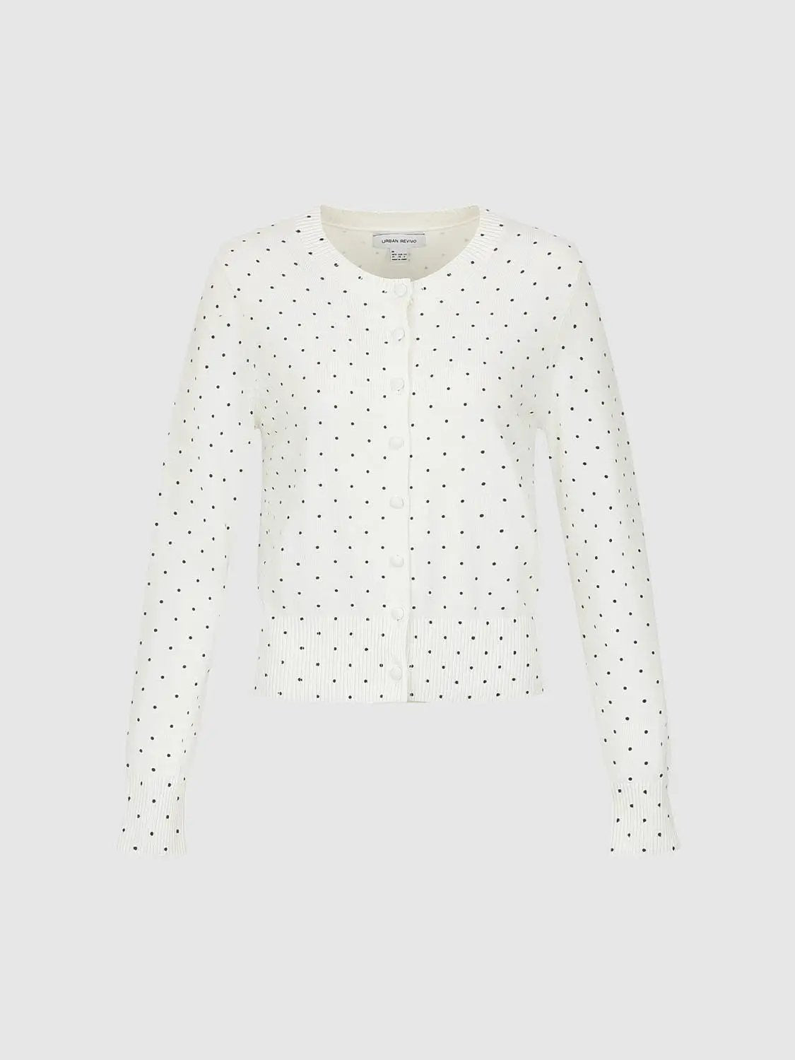 Knitted cardigan by Urban Revivo Fashion in white with black polka dots, button-front.