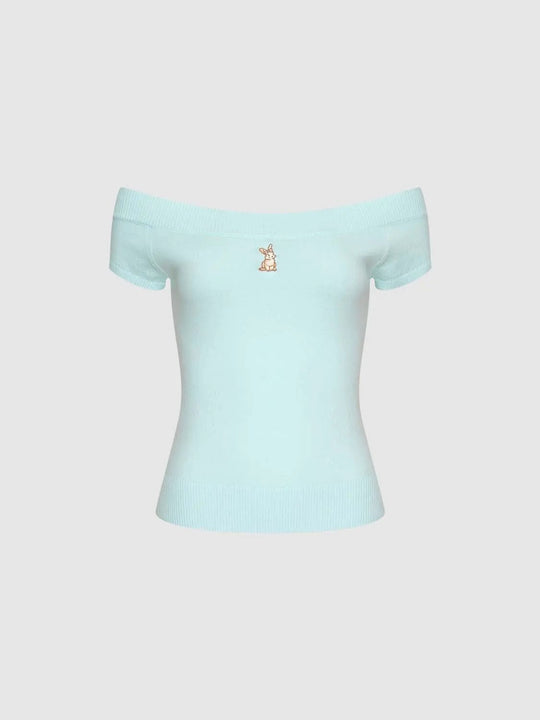 Cotton Knit Off-Shoulder Ribbed Embroidered Top With Subtle Texture And Fine Gauge T-Shirt
