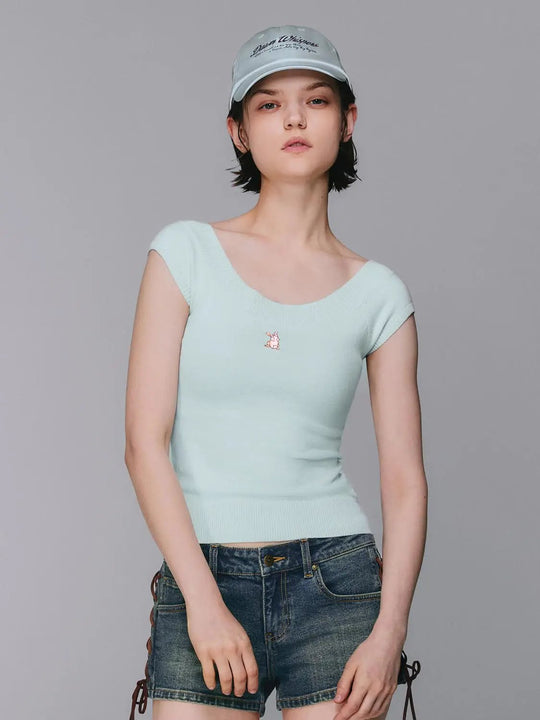 Slim Off Shoulder Short Sleeve Embroidery Cropped Tee