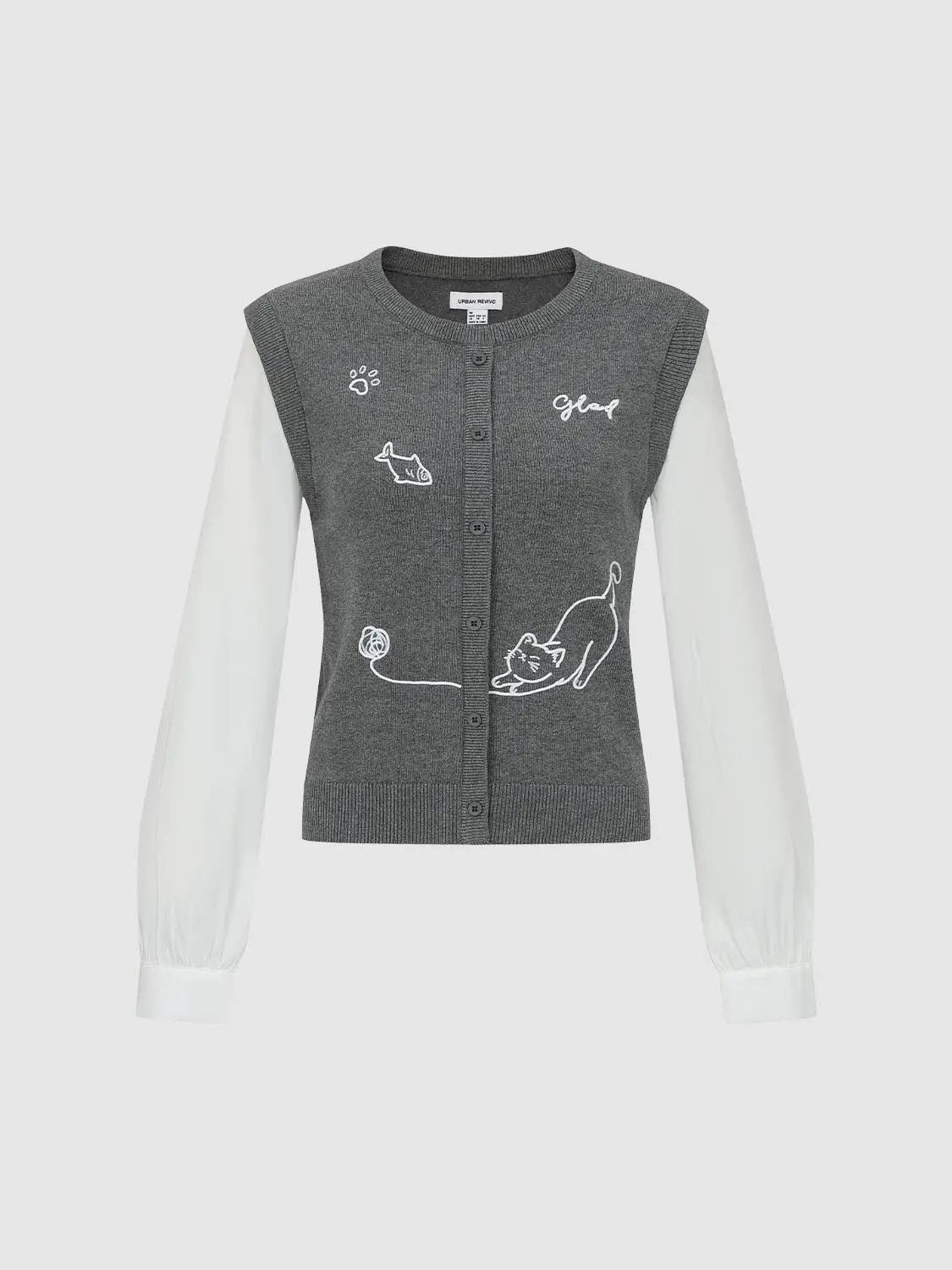 Knit T-Shirt with grey knitted body and white sleeves, Urban Revivo Fashion, cat embroidery