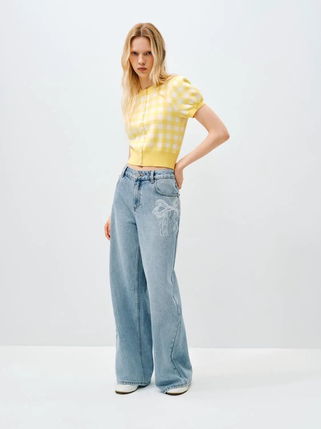 Knitted cardigan; yellow gingham crop with button front and ribbed hem.