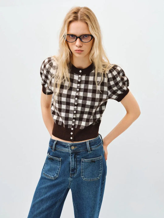 Checkered Short Sleeve Knit Top