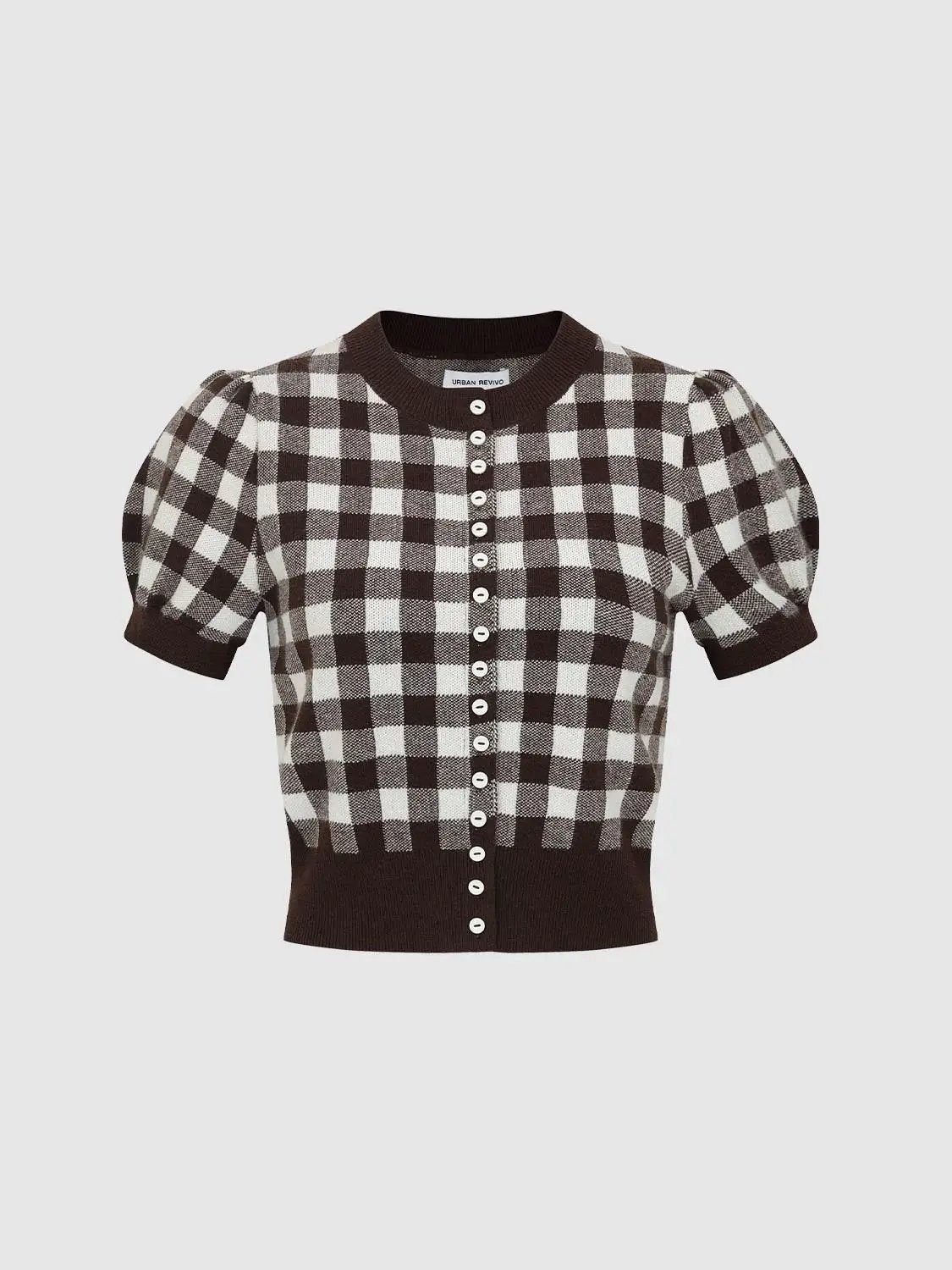Knitted cardigan in brown and white gingham with puff sleeves and button-front; Urban Revivo Fashion