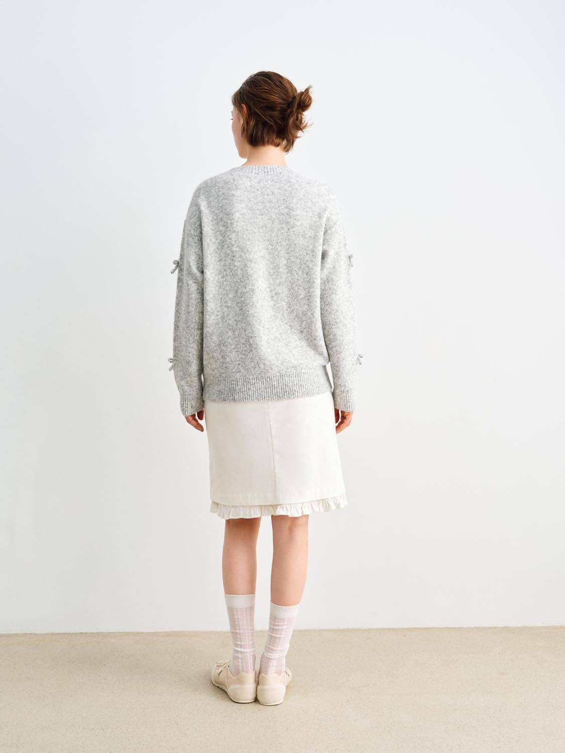 Knit T-Shirt by Urban Revivo Fashion; back view in heather gray knit with tie sleeve details and ribbed hem.