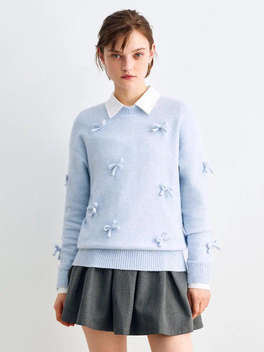 Bow Ribbed Hem Shirt Collar Long Sleeve Sweater