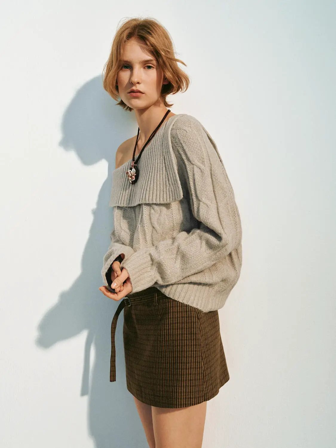 Knit T-Shirts by Urban Revivo Fashion, light beige oversized knitted top with wide folded neckline
