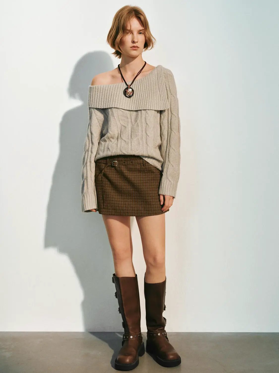 Knit T-Shirts by Urban Revivo Fashion, beige off-shoulder cable-knit top