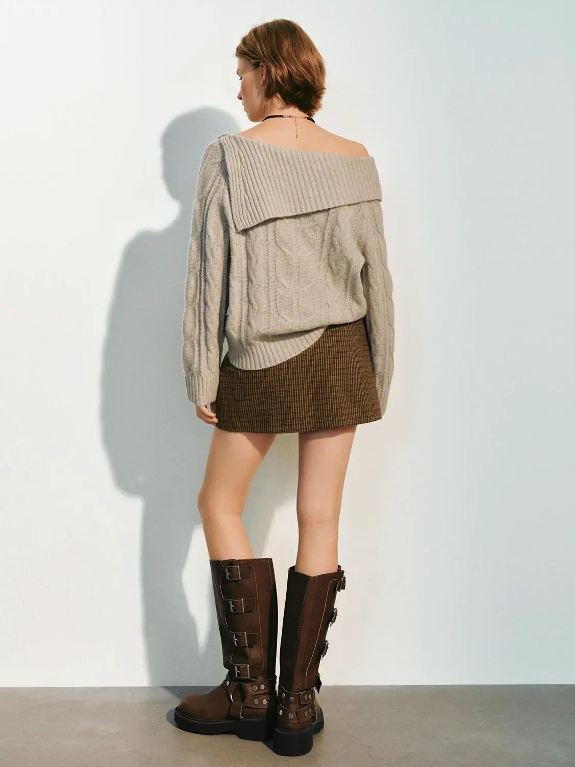 Knit T-Shirts by Urban Revivo Fashion; beige oversized knit sweater with off-shoulder collar