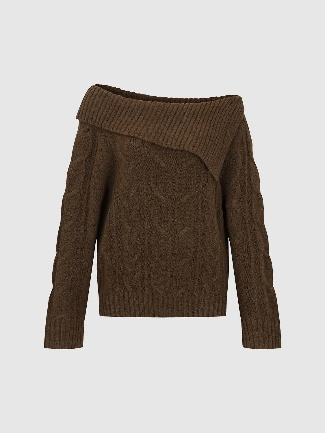 Knitted T-Shirts by Urban Revivo Fashion; brown cable-knit top with a wide ribbed fold-over collar.