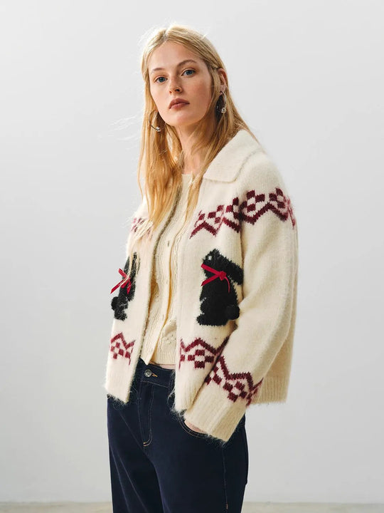 Collared Geometric Bunny Pattern Long Sleeve Knit Jacket