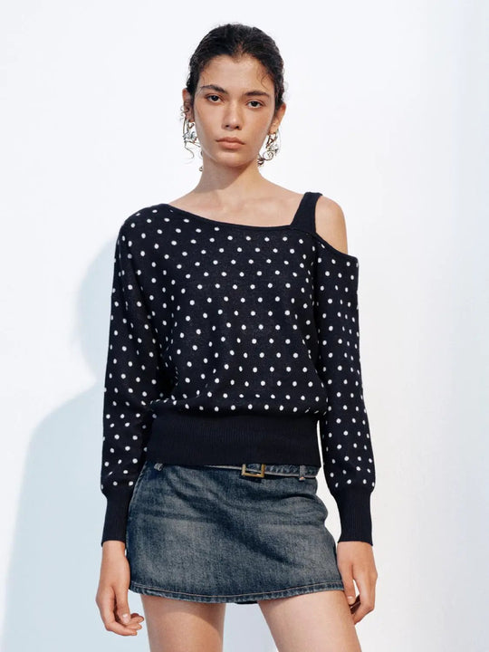 Polka Dot Knit Sweater With One Shoulder Strap