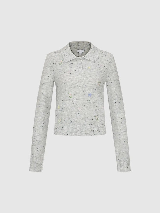 Bestickter Langarm-Strickpullover mit Blumenmotiv und Polokragen