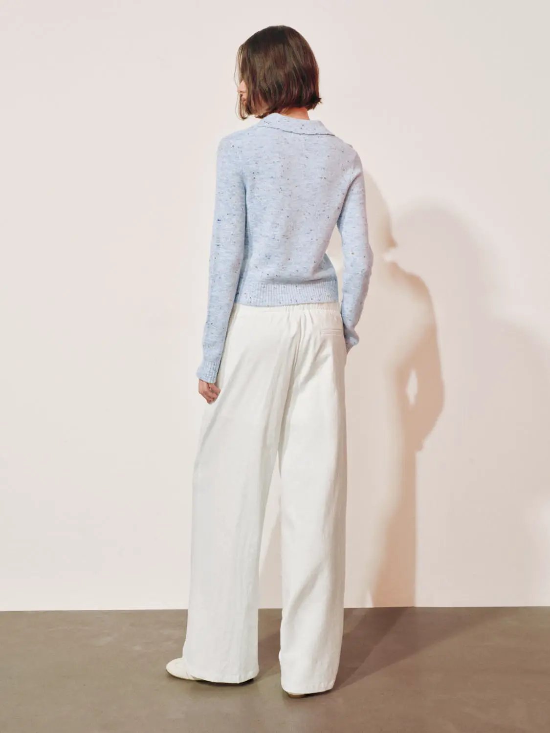 Embroidered floral knit polo-collar long-sleeve sweater, light blue speckled knit