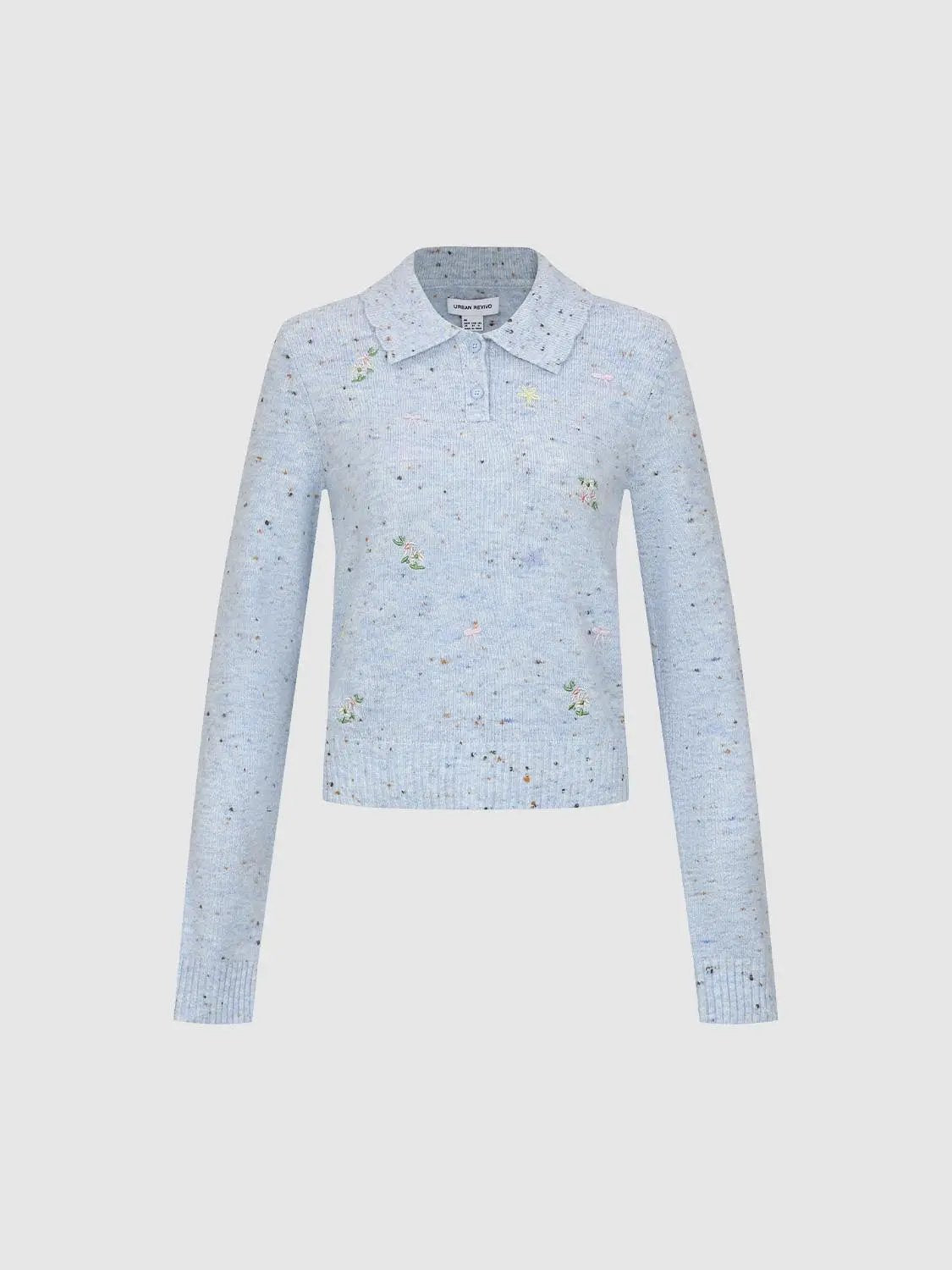 Embroidered floral knit polo-collar long-sleeve sweater in light blue, Urban Revivo Fashion