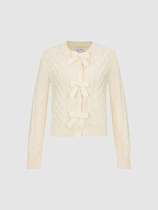 Cable Knit Bow Crew Neck Long Sleeve Cotton Blend Cardigan