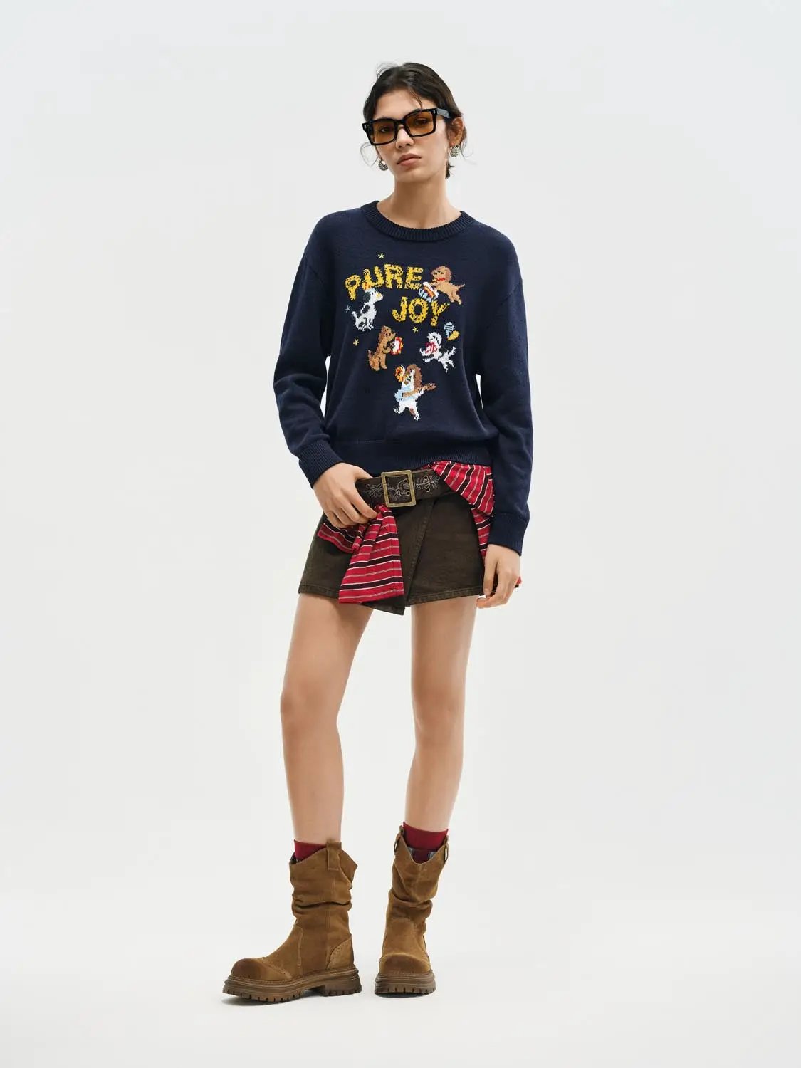 Knitted T-Shirts navy with playful dog graphics and Pure Joy text.