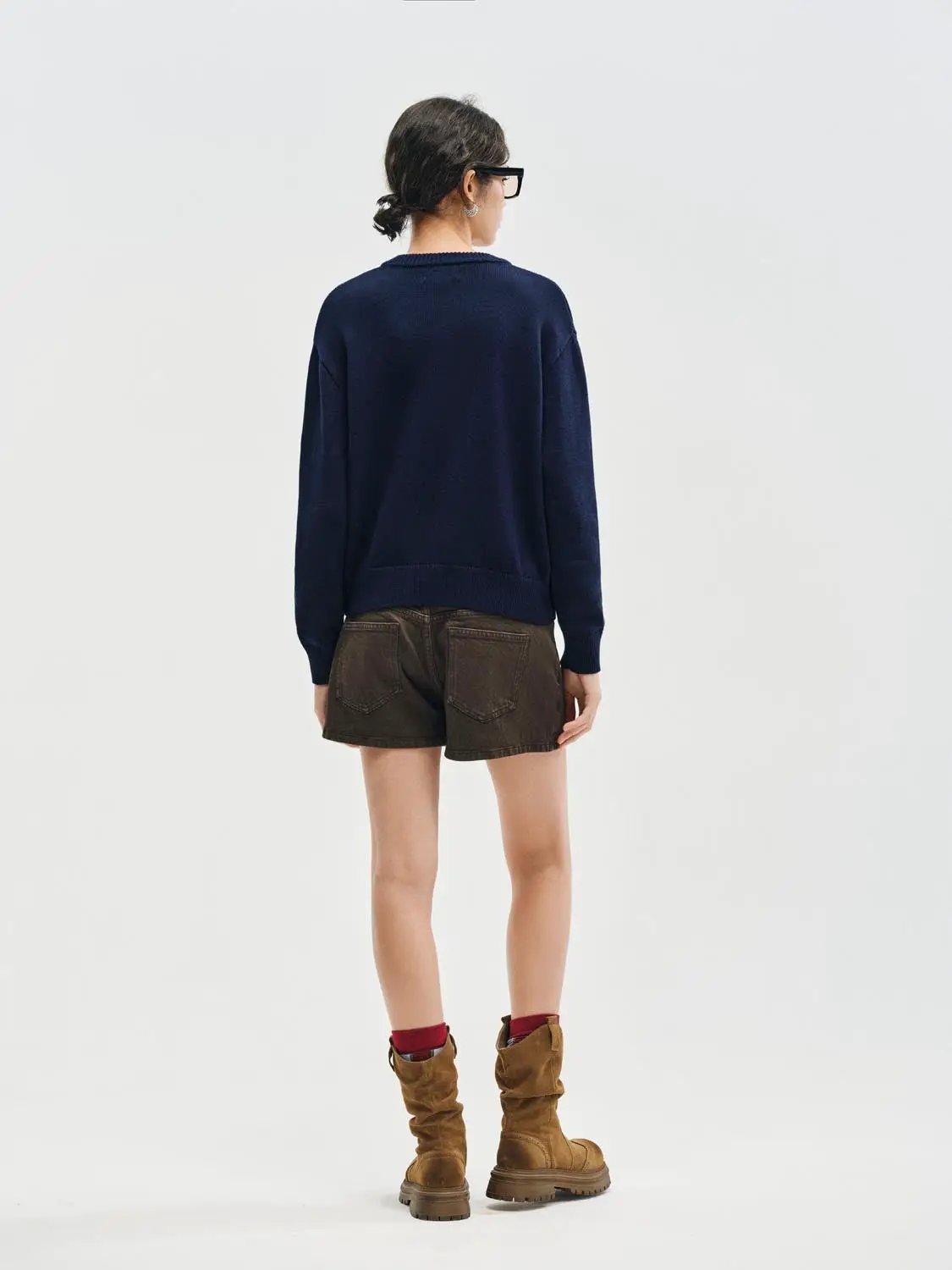 Knitted T-Shirts navy pullover, back view on model with long sleeves
