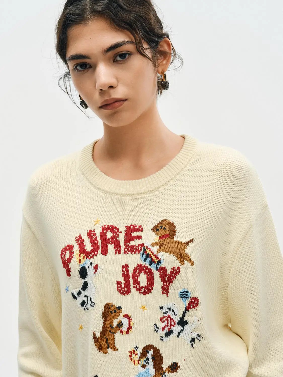 Knitted T-shirts in cream with Puppy Joy dog graphic.