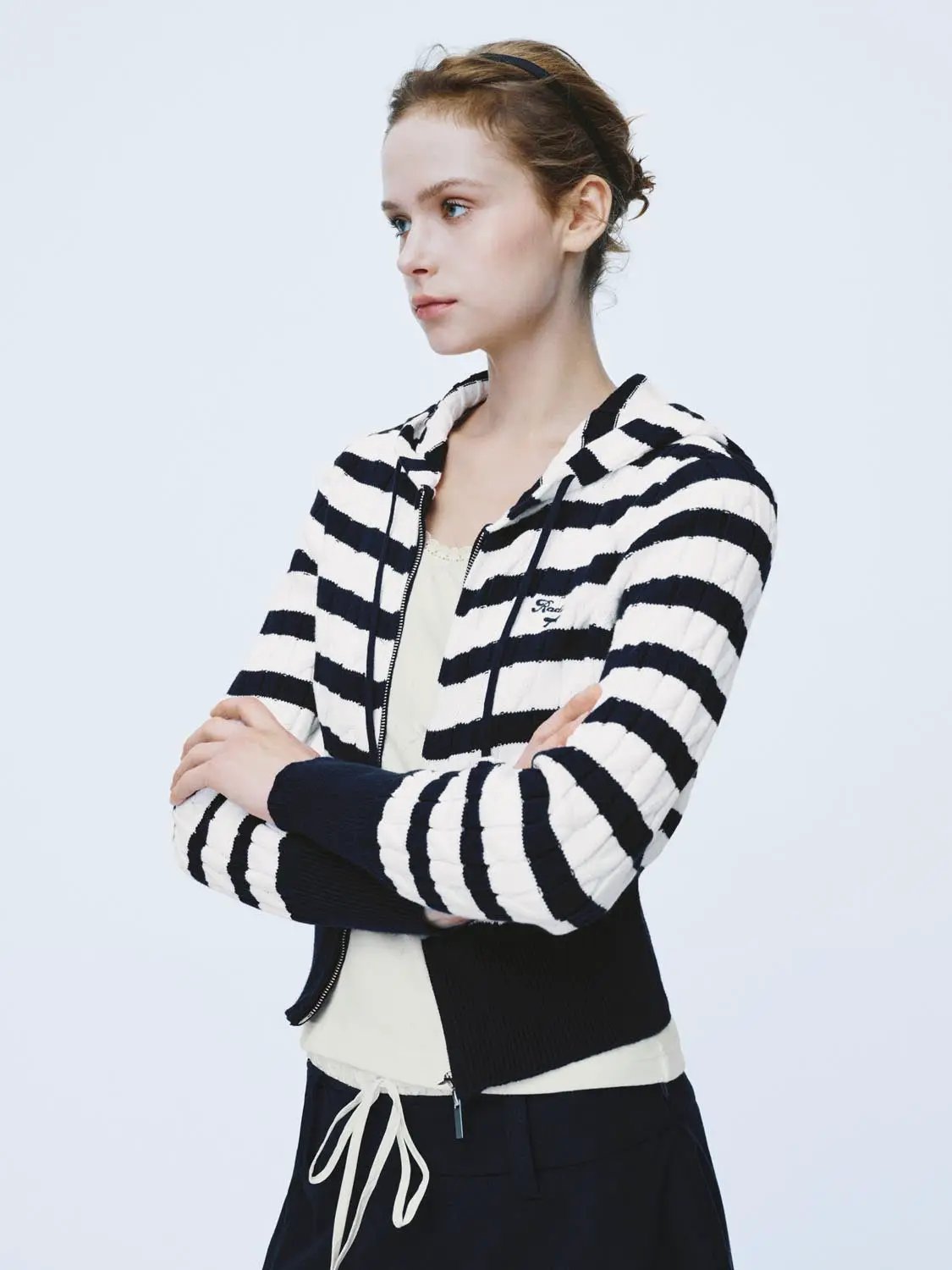 Knitted cardigan by Urban Revivo Fashion; white with navy stripes, zip-front hooded style, navy rib cuffs