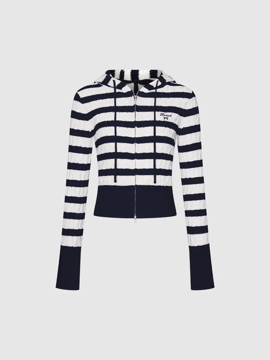 Knitted cardigan in navy and white stripes, zip-front with hood and drawstrings, Urban Revivo Fashion