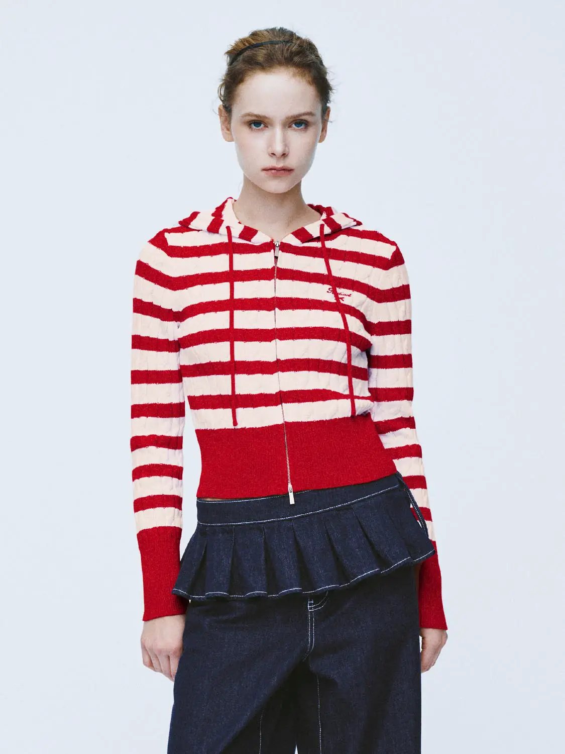 Knitted cardigan with red-and-white stripes, zip-front hood, red rib hem by Urban Revivo Fashion