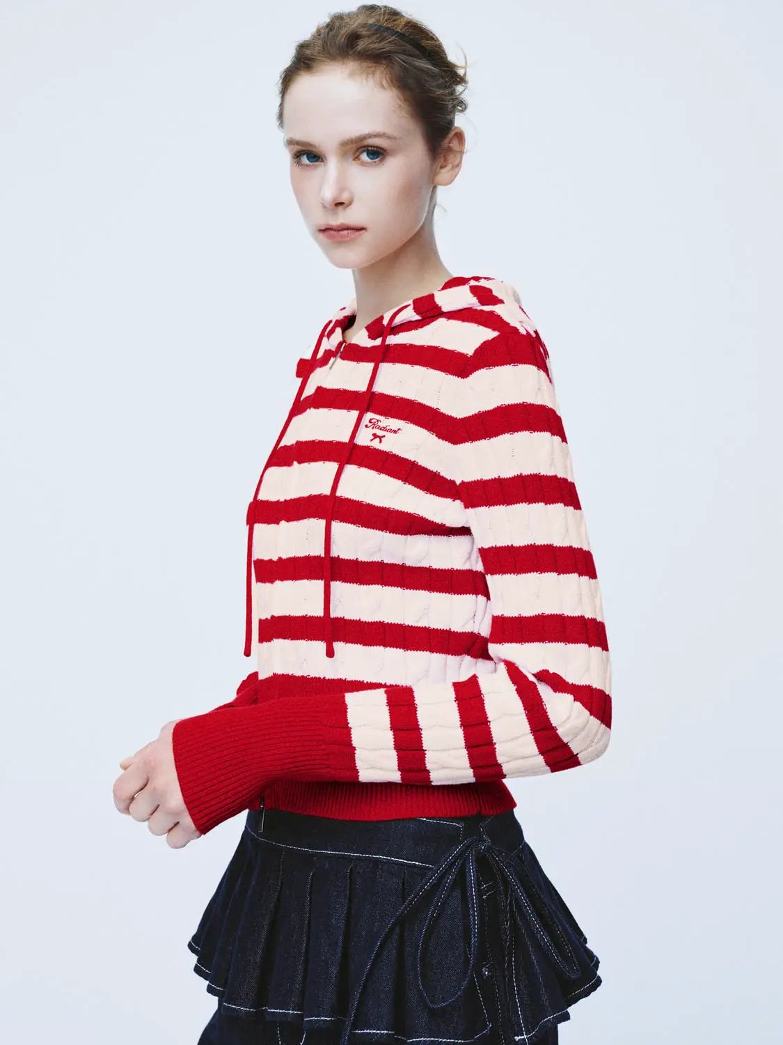Hooded knitted cardigan in red and cream stripes, Urban Revivo Fashion.