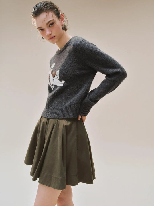 Cat Graphic Knit Crew Neck Long Sleeve Sweater
