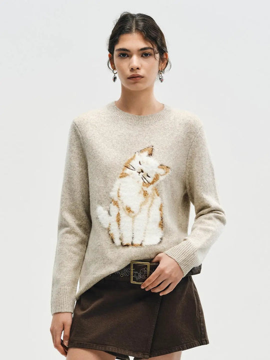 Ribbed Knit Cat Print Crew Neck Long Sleeve Sweater